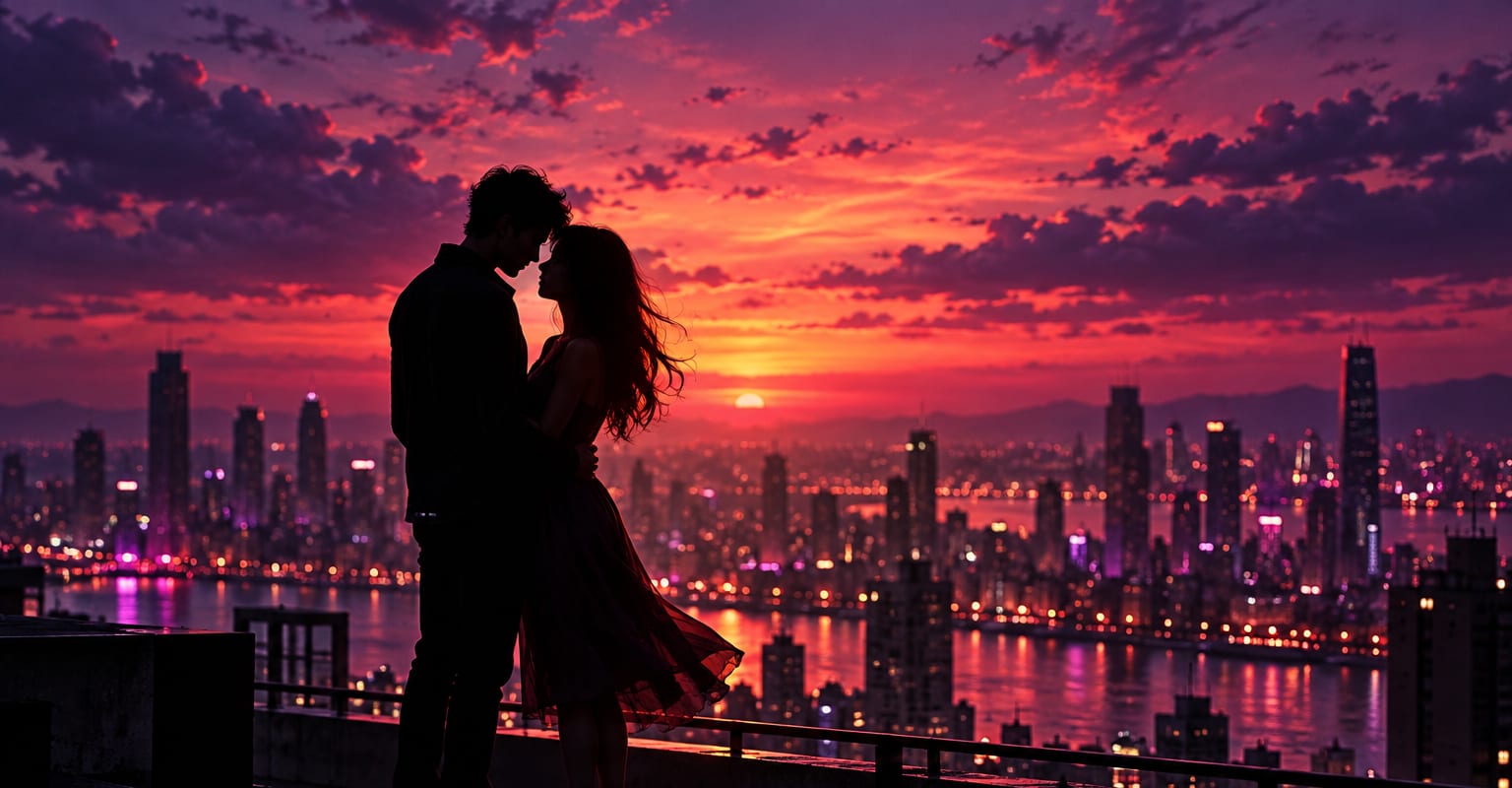 Two portraits staged into an AI kissing scene
