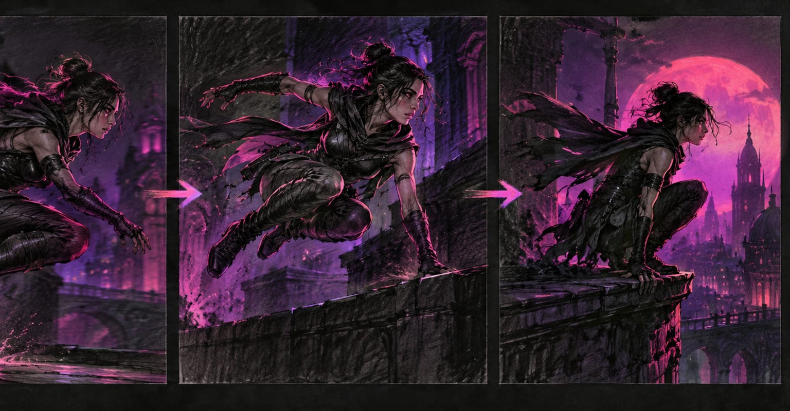 Storyboard keyframes connected into one shot